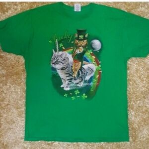 St. Patrick's Day t-shirt featuring a leprechaun cat riding a Unicorn Cat